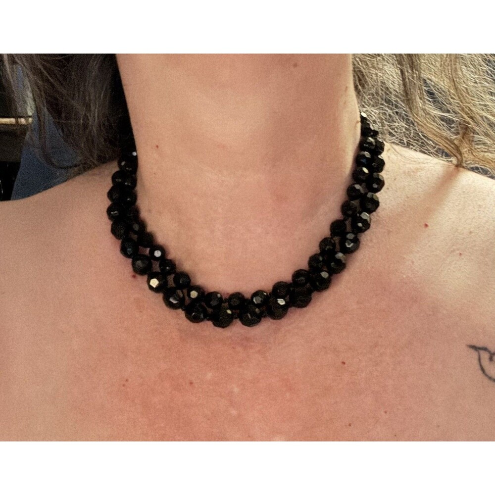 Vintage Made Austria Black Faceted Glass Bead Double Strand Necklace